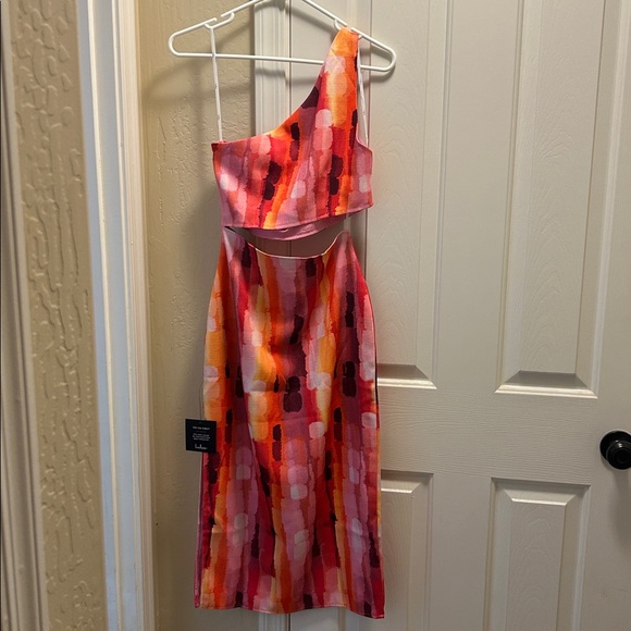 Lulus Luminous Vibes Hot Pink Abstract One-shoulder Cutout Midi Dress - Size S - Picture 6 of 8